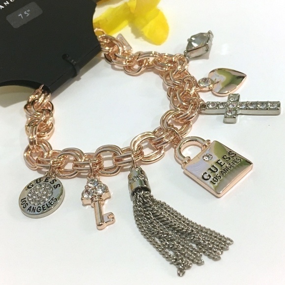 3/$29! GUESS Charm Bracelet Lock Key Cross Tassel - Picture 7 of 8
